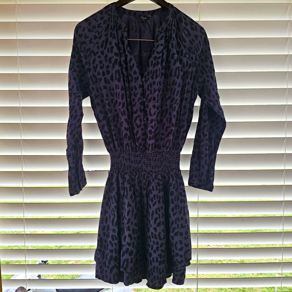 Rails Jasmine Dress XS Blue Black Leopard V-Neck Puff Sleeve Smocked Mini